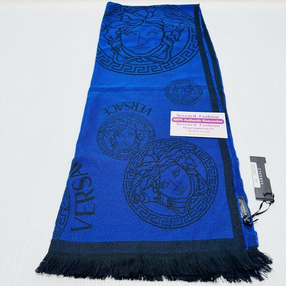 NWT Versace Medusa Reversible Wool Black Blue Knit Scarf Shawl Size 70"x27" $590 - Picture 3 of 11
